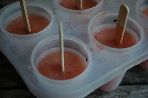 Nærbillede af isforme med vandmelonis og ispinde af træ