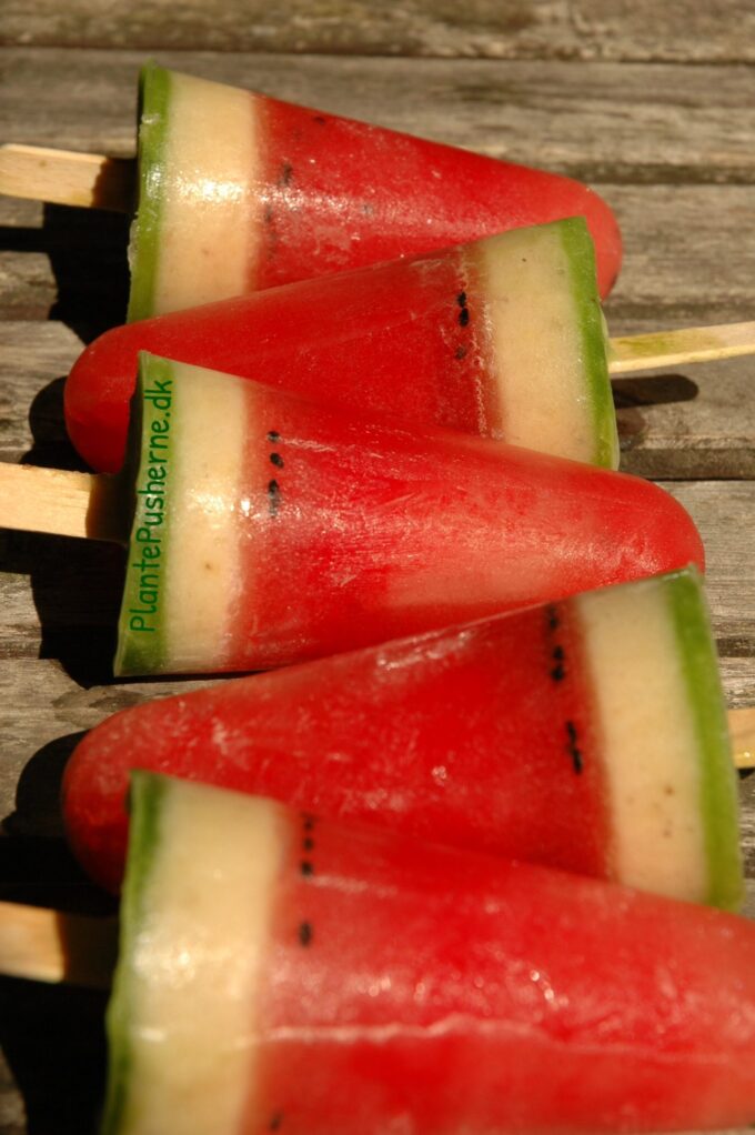Fem ispinde i flotte farver på række, der ligner stykker af vandmelon