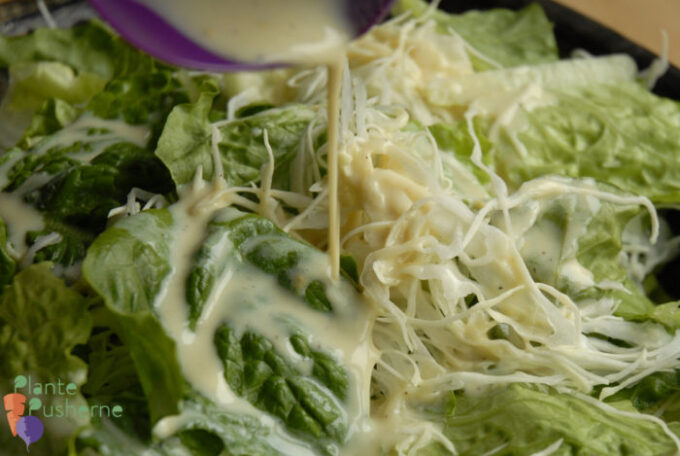 En hvid fedtfri vegansk dressing hældes ud over salat