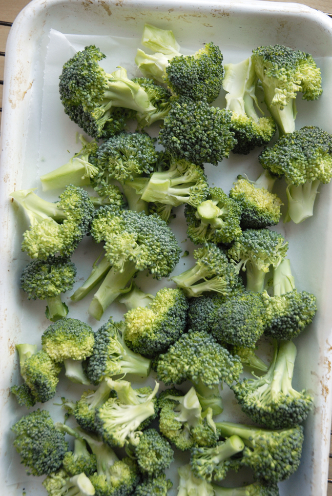 Rå broccoli i et fad inden de bliver ovnstegt