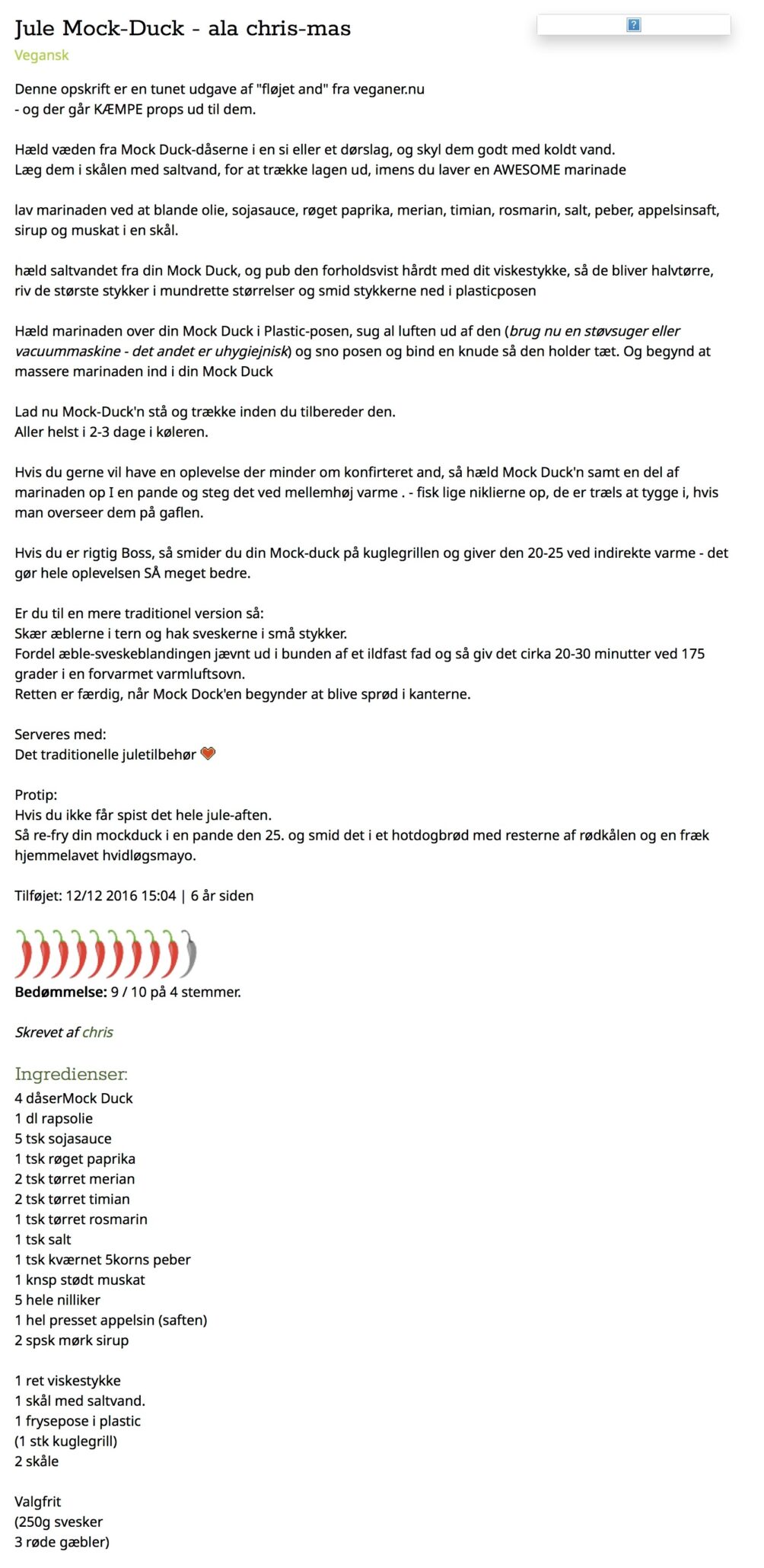 Et screenshot af den oprindelige opskrift på mock duck, som Chris lagde på vegetarkontakt.dk