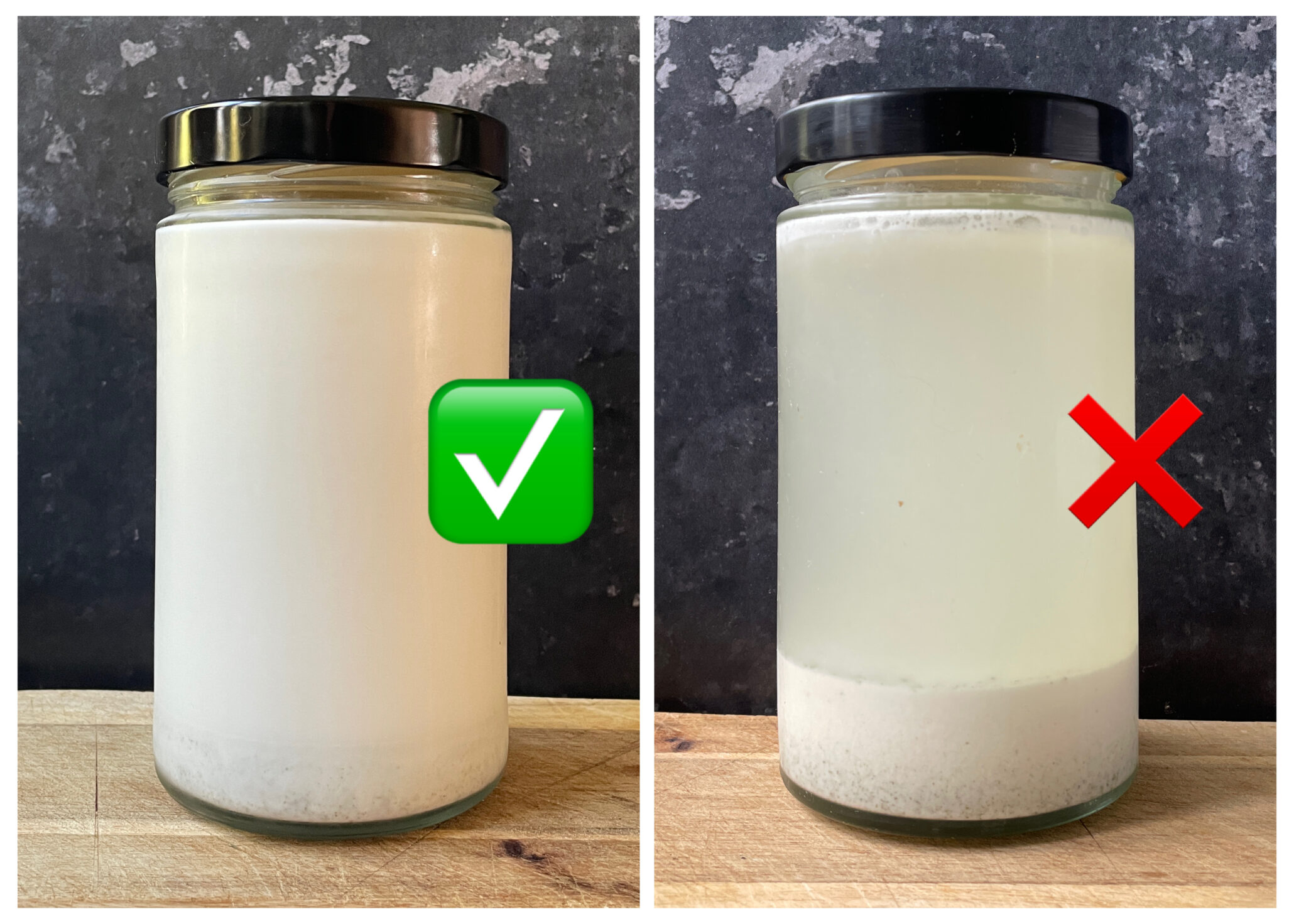 En collage med to billeder. Der står to glasbøtter med hampemælk - i den ene er hampemælken glat og ensartet og i den anden er den skilt.